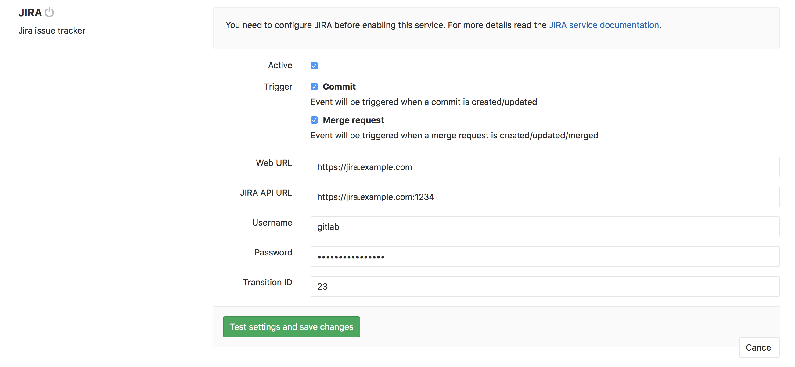 JIRA service page