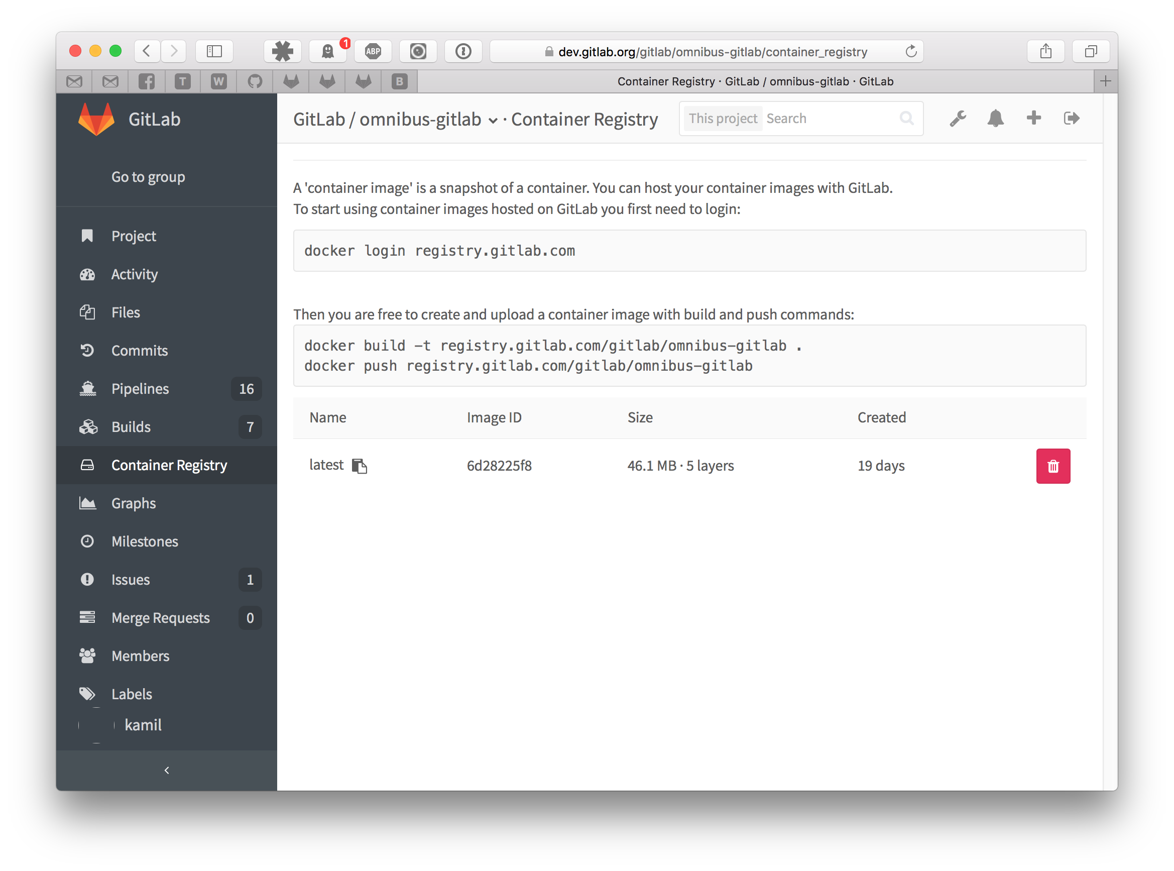 Container Registry panel