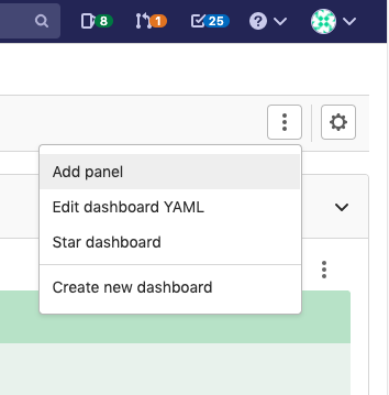 Monitoring Dashboard actions menu with add panel item