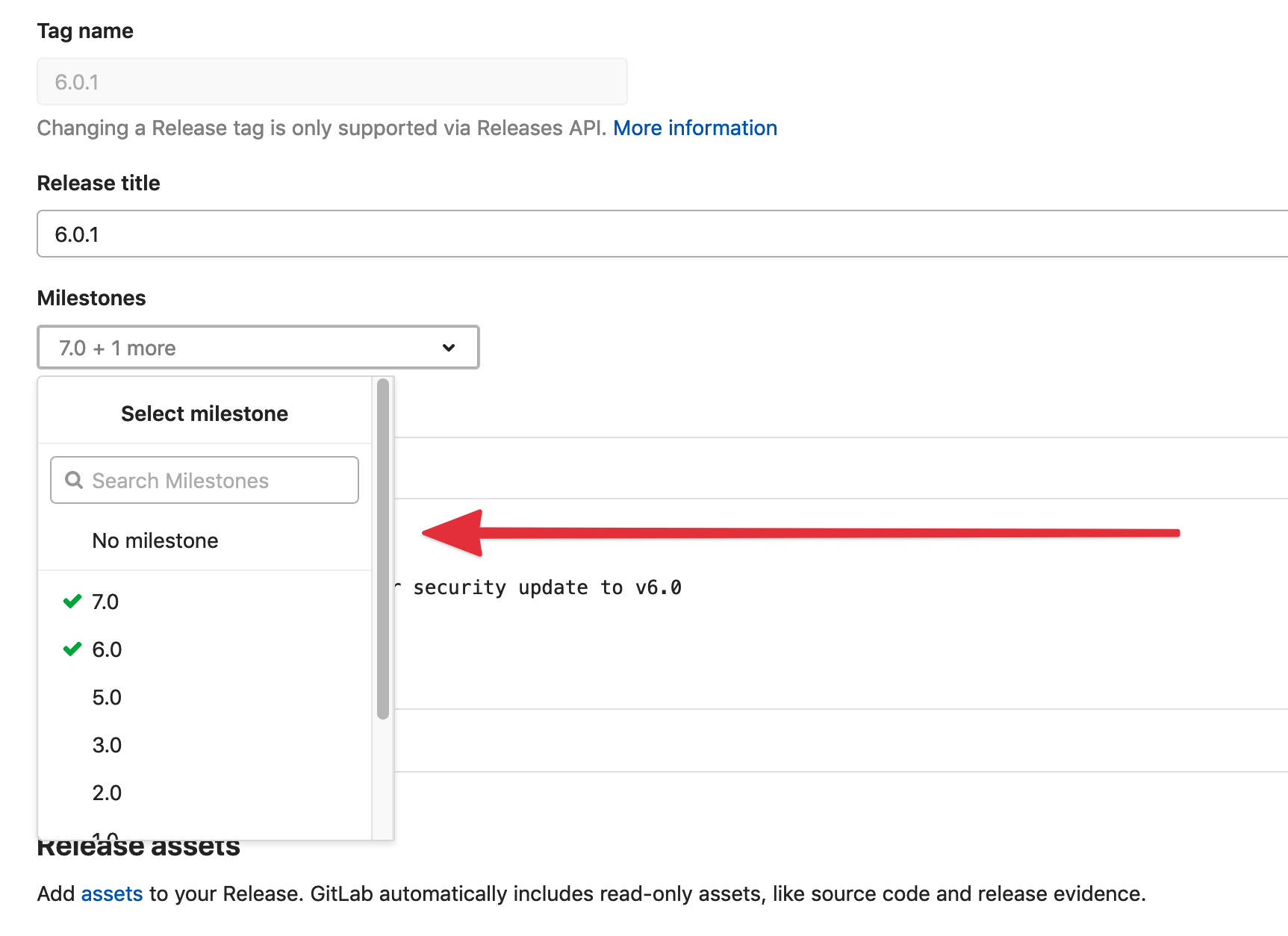 Release edit page with milestones dropdown expanded