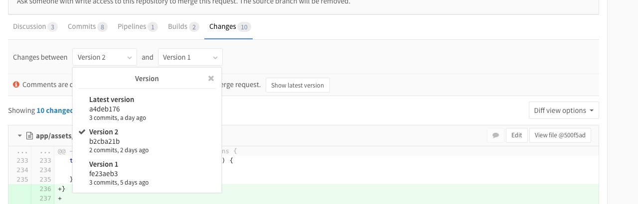 Merge request versions dropdown