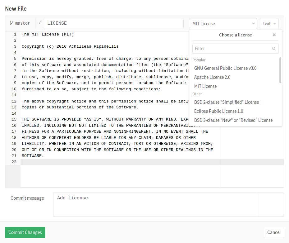 MIT license selected