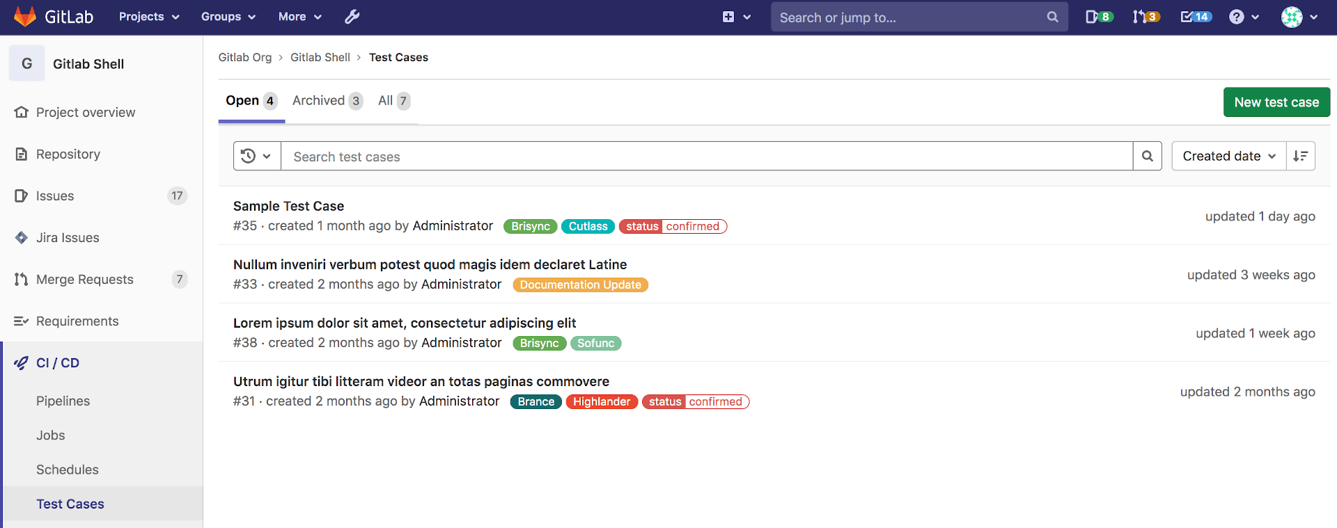 Test case list page