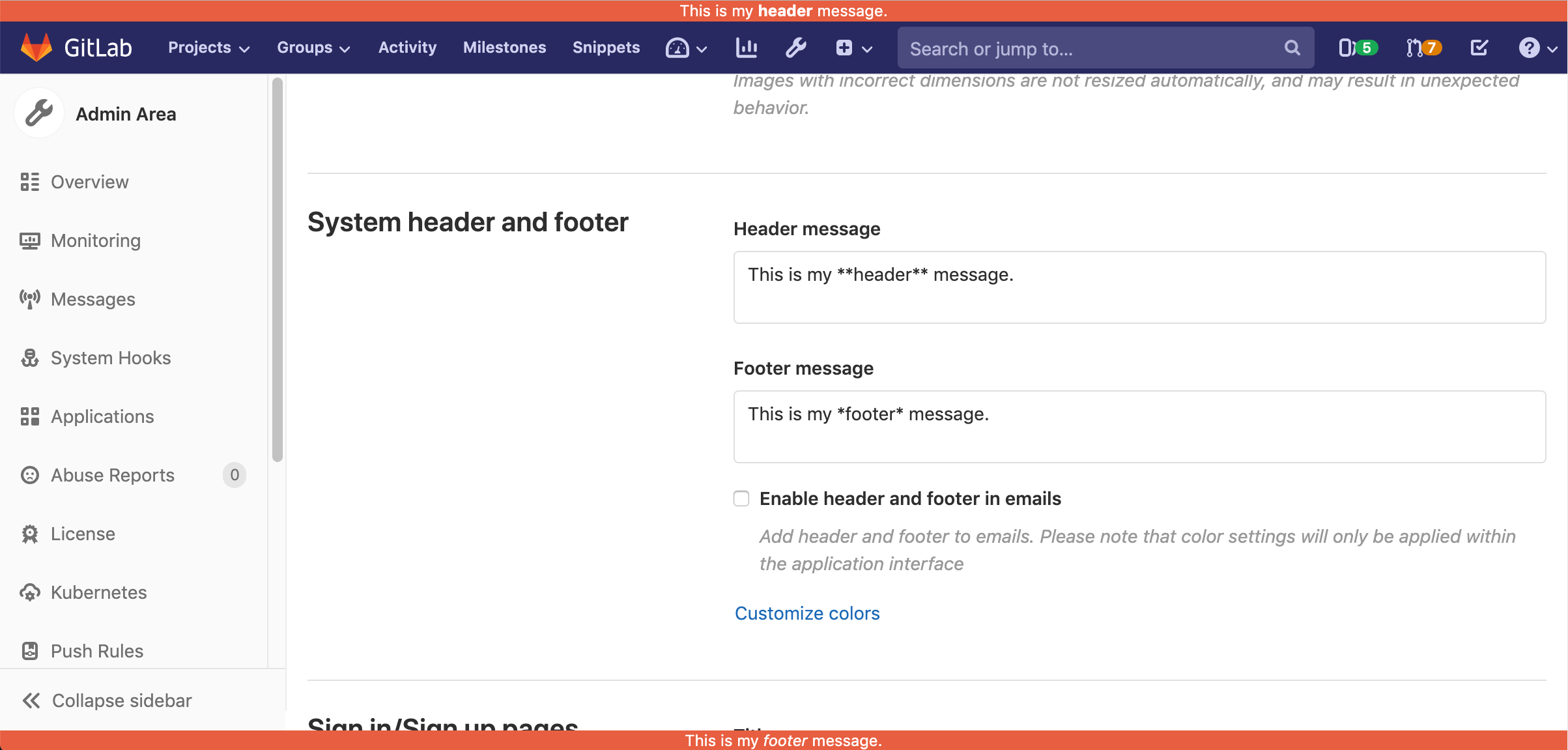 header and footer screenshot