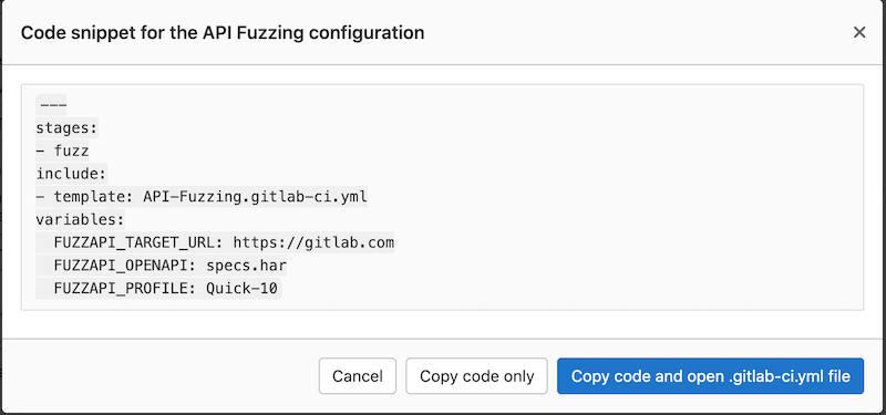 API Fuzzing configuration snippet