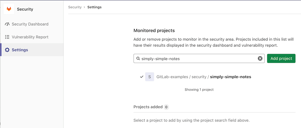 Adding projects to Security Center