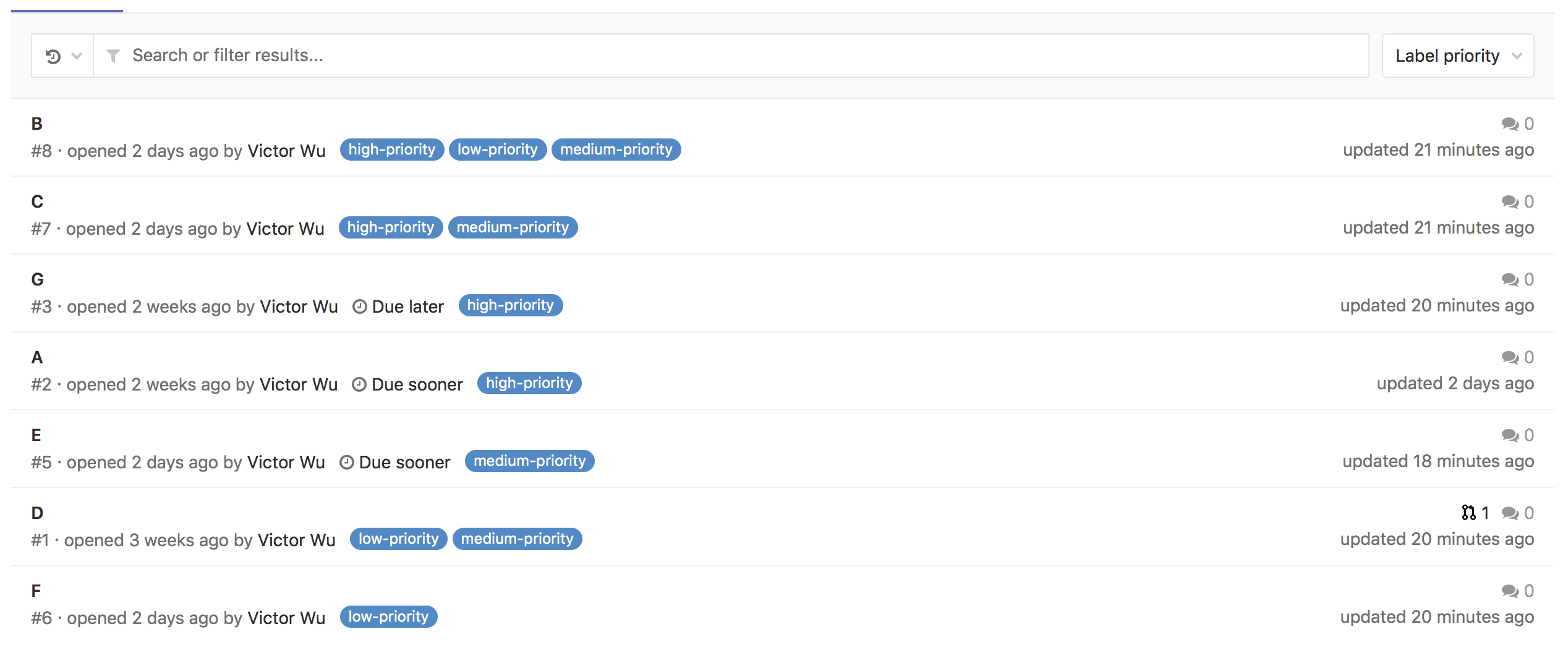 Label priority sort order