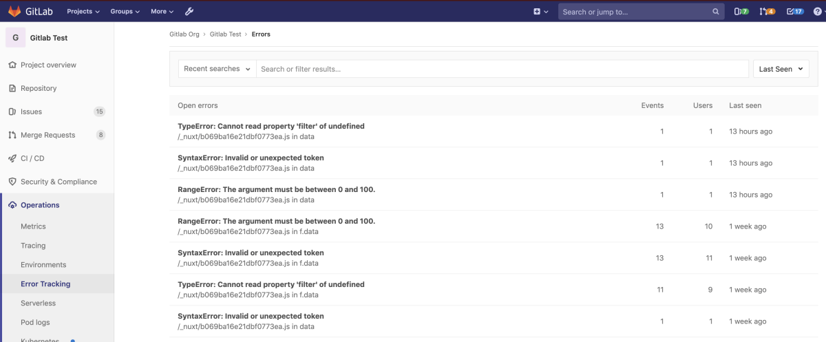 Error Tracking list