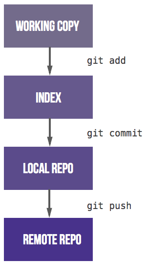 Four stages (working copy, index, local repository, remote repository) and three steps between them