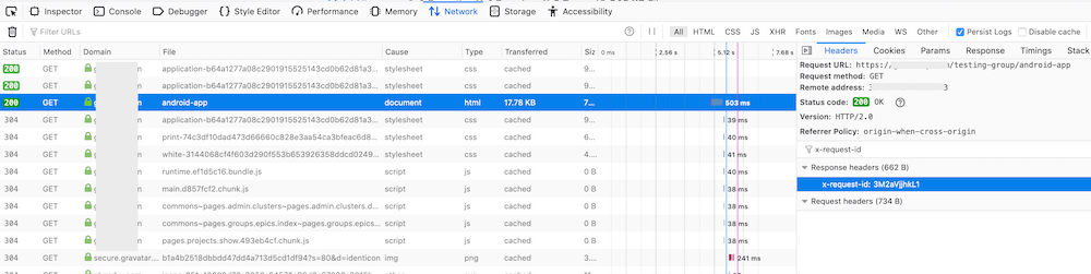 Firefox's network monitor showing an request ID header