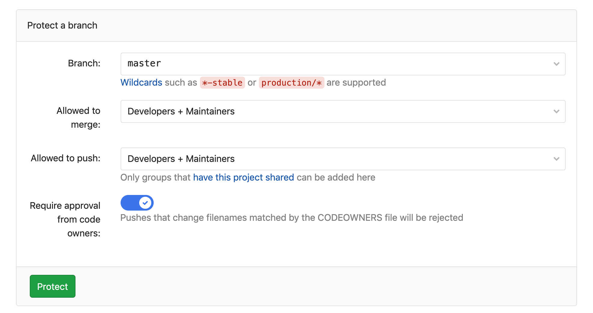 Code Owners approval - new protected branch