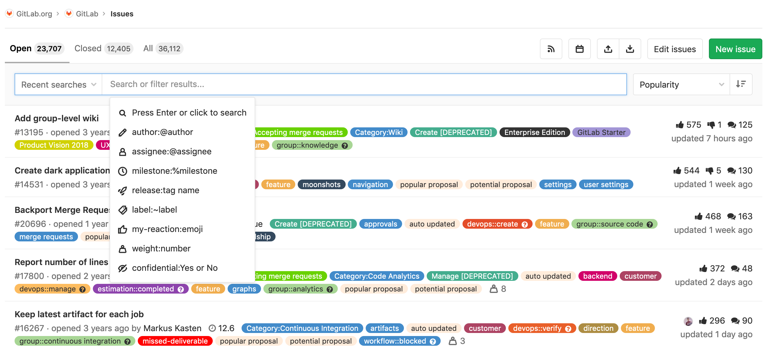 filter issues in a project