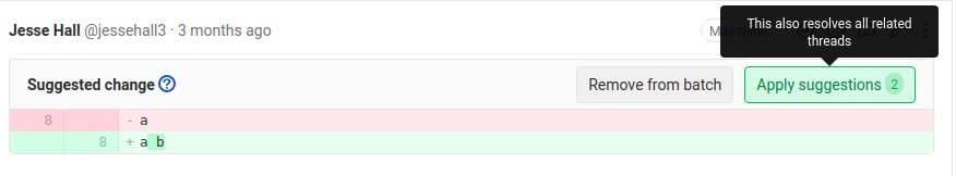 A code change suggestion displayed, with the button to apply the batch of suggestions highlighted.