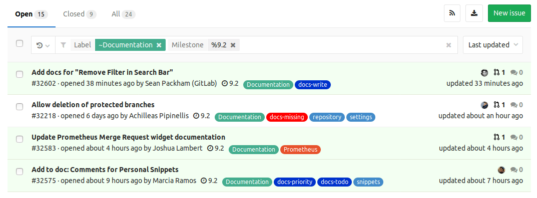 filter issues in a project