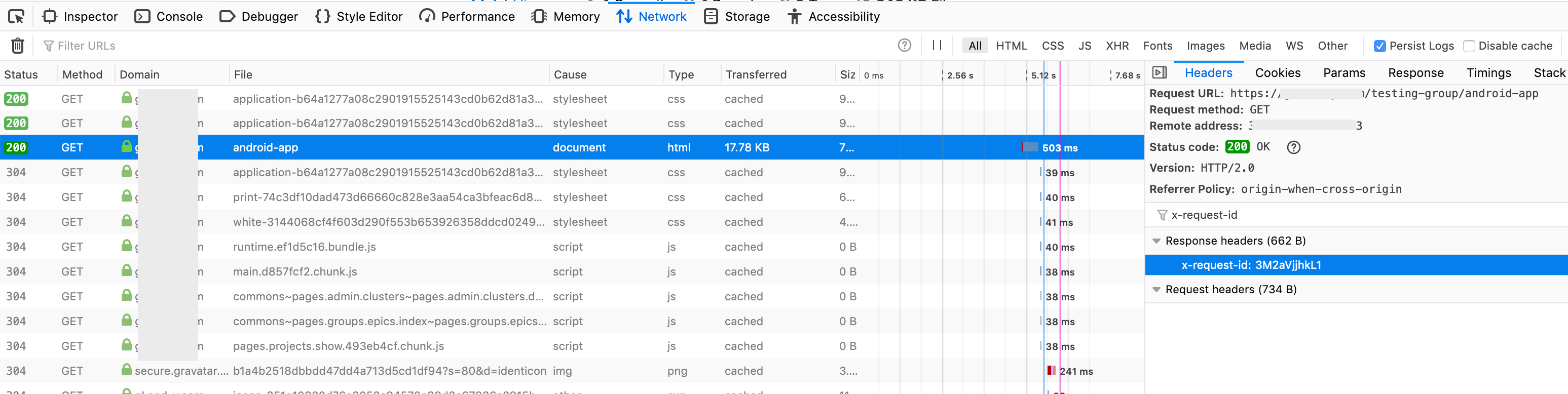 Firefox's network monitor showing an request ID header