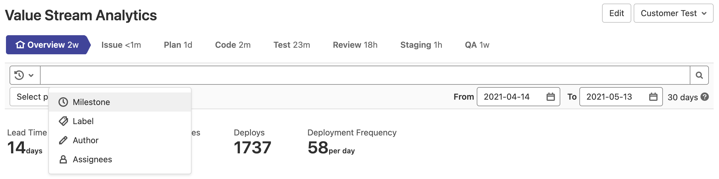 Value stream analytics filter bar