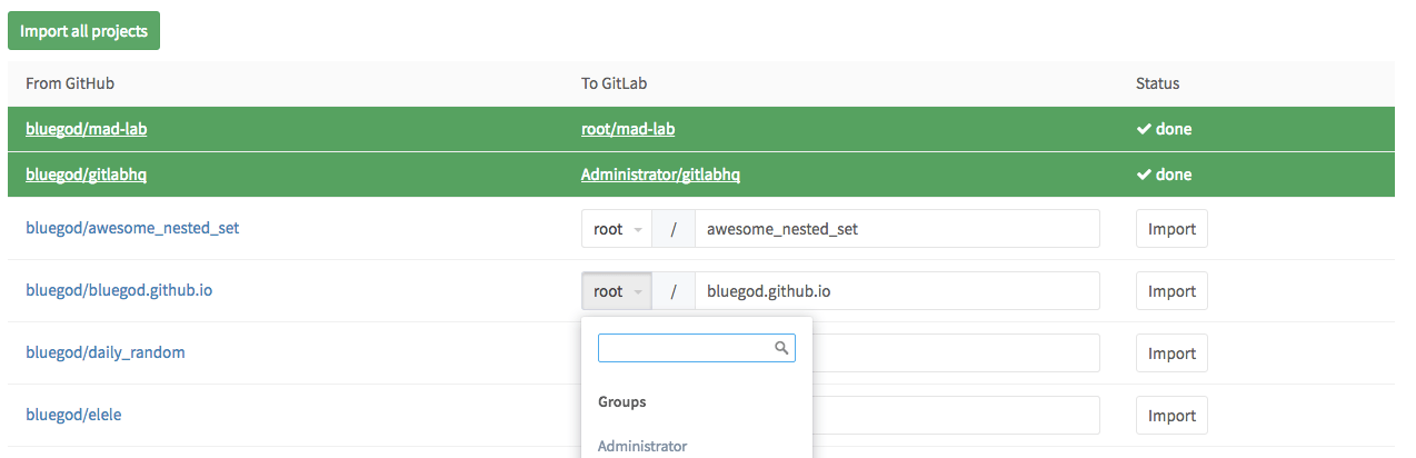 GitHub importer page