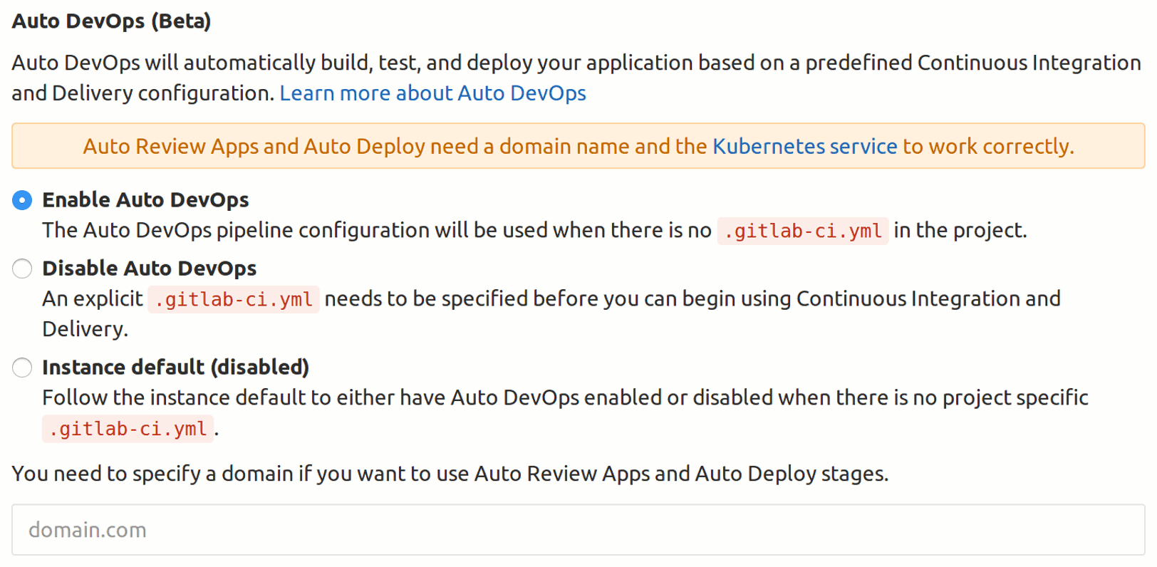 Project AutoDevops settings section