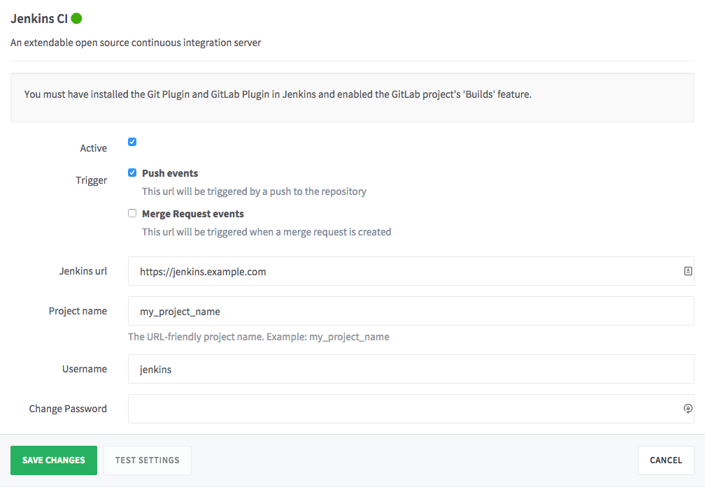 GitLab service settings