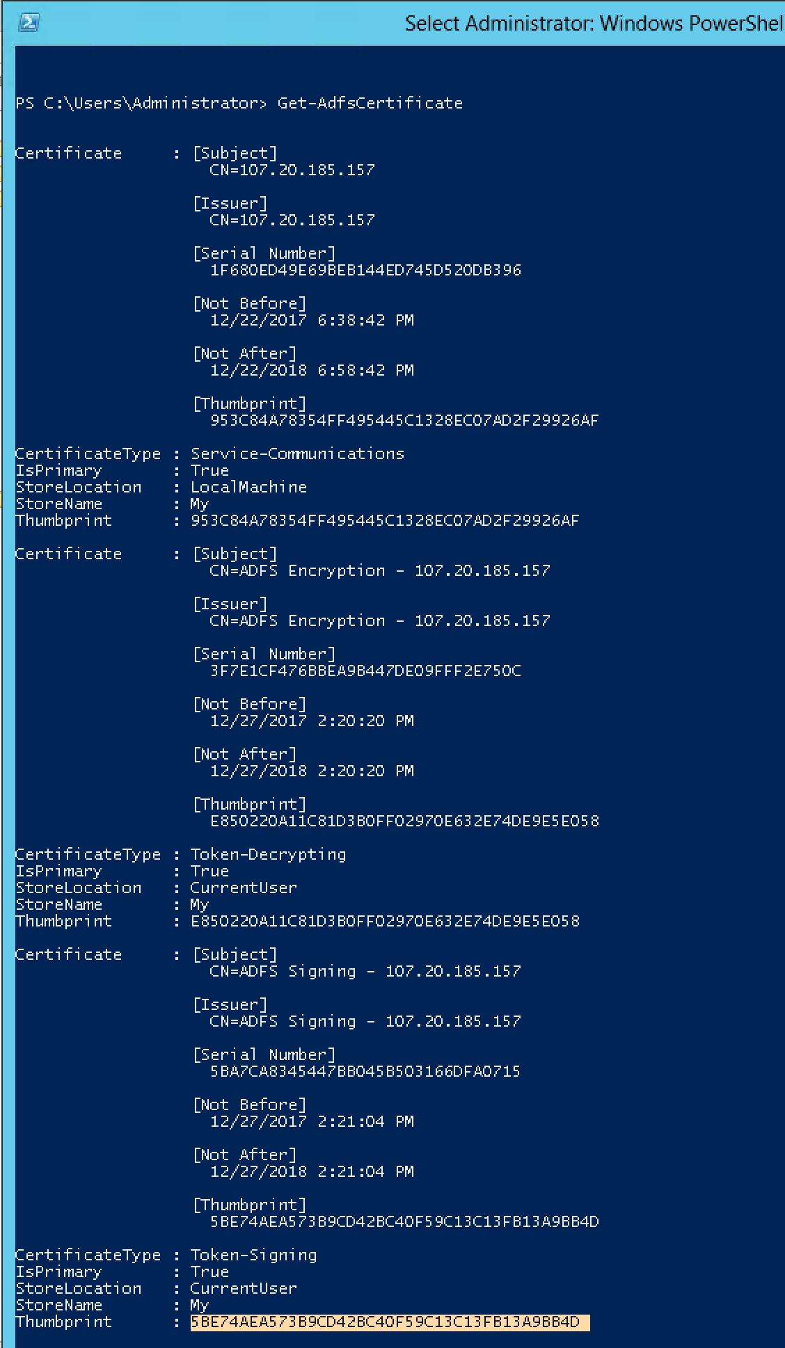 ADFS Determine Token Signing Fingerprint From Shell