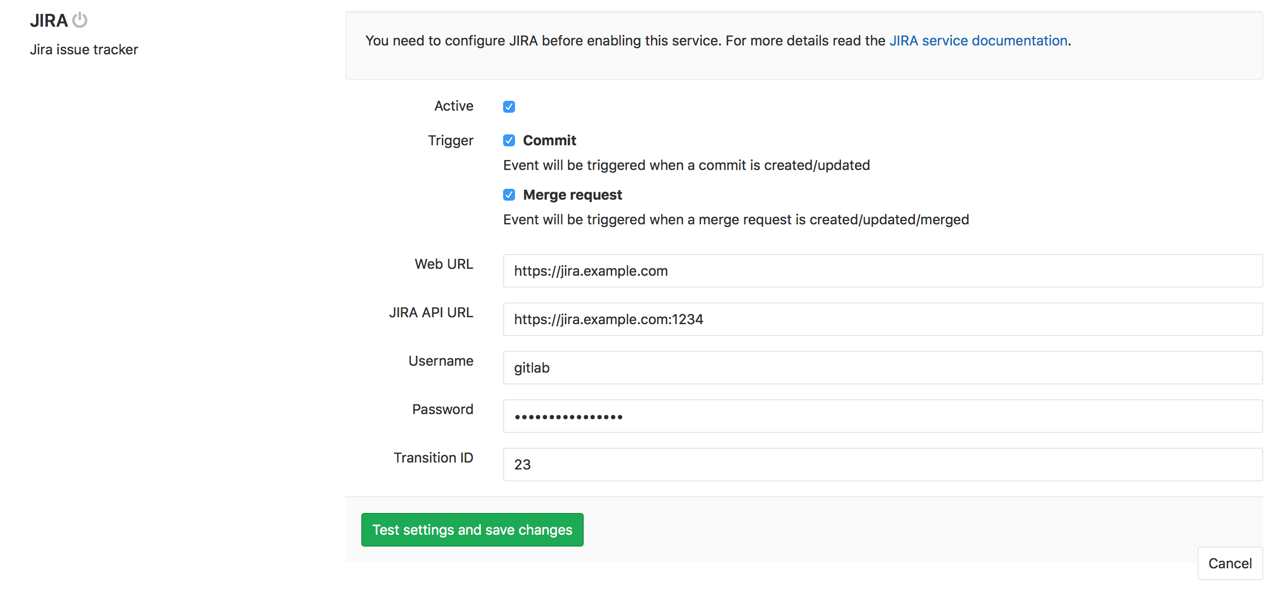 JIRA service page