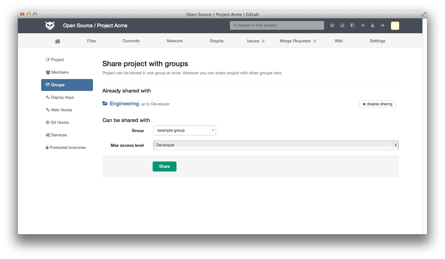 'Project Acme' is shared with 'Engineering' with a maximum access level of 'Developer'